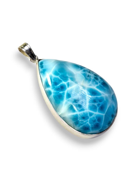 Natural Larimar Pendant 925 Silver Large Cabochon Dominican Blue Gemstone