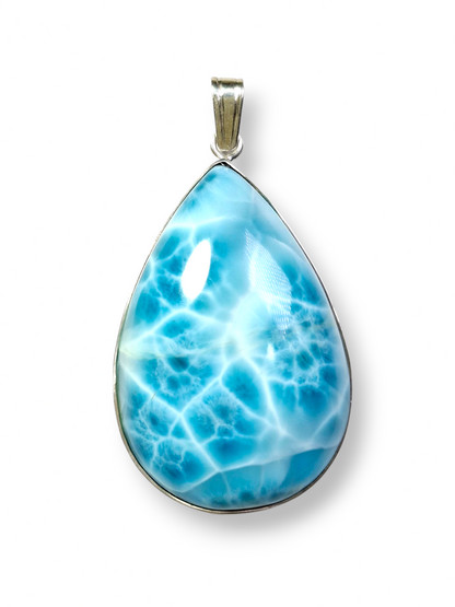 Natural Larimar Pendant 925 Silver Large Cabochon Dominican Blue Gemstone