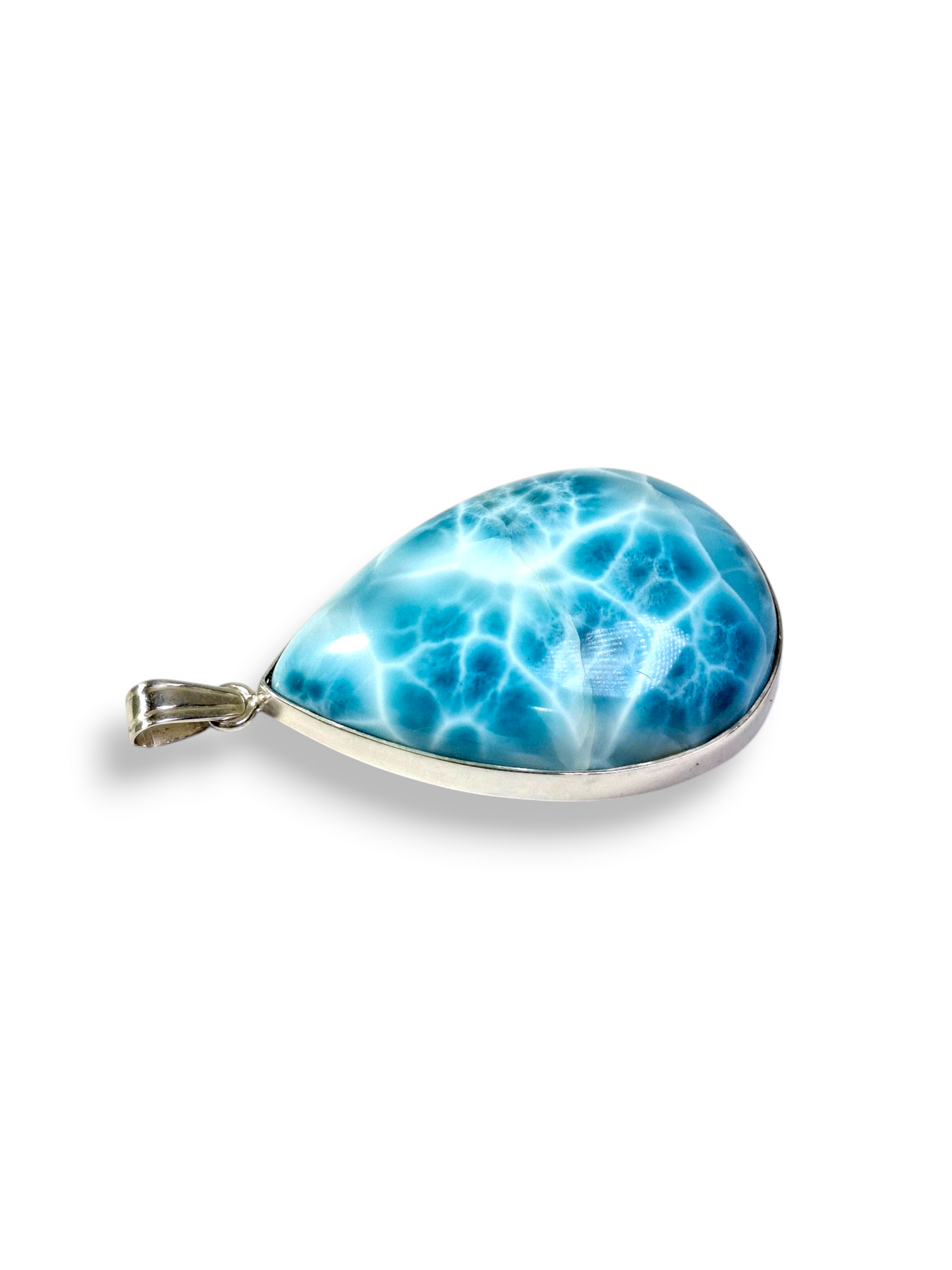 Natural Larimar Pendant 925 Silver Large Cabochon Dominican Blue Gemstone