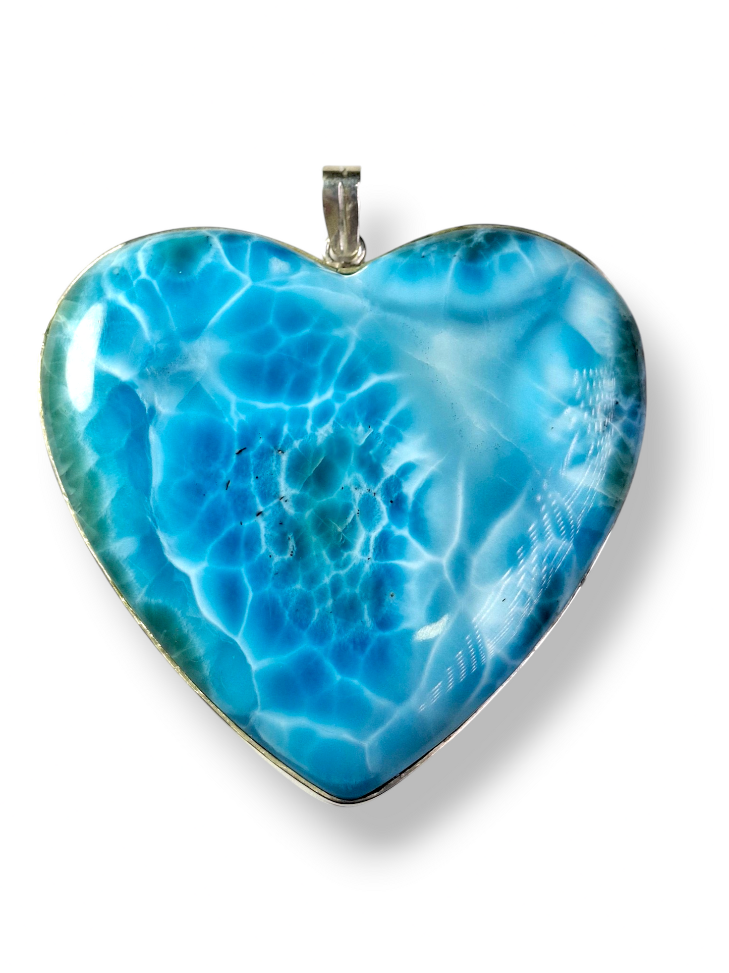 HUGE Heart Natural Larimar Pendant 925 Silver  Cabochon Dominican Blue Gemstone