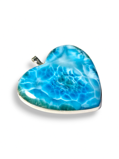 HUGE Heart Natural Larimar Pendant 925 Silver  Cabochon Dominican Blue Gemstone