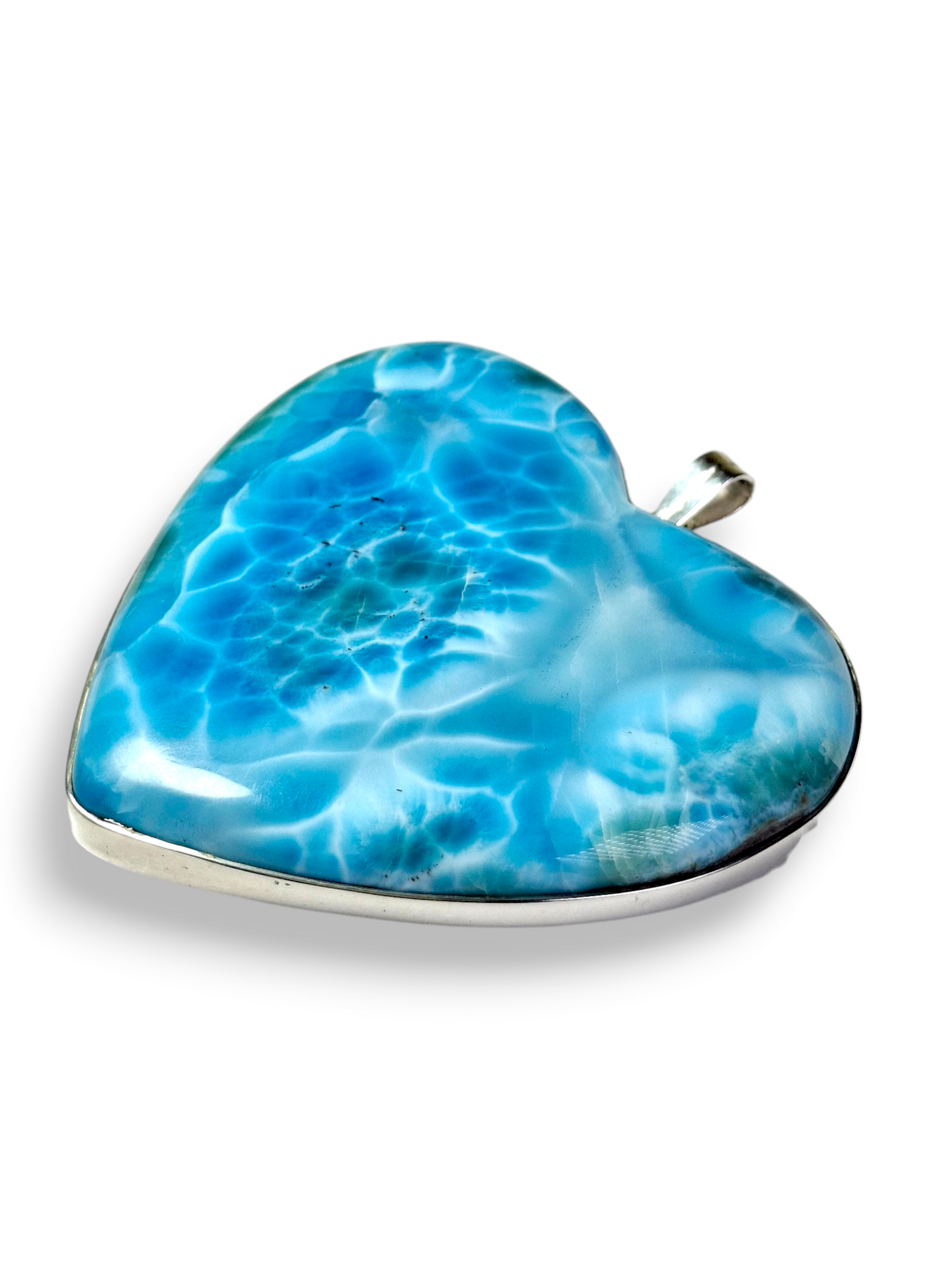 HUGE Heart Natural Larimar Pendant 925 Silver  Cabochon Dominican Blue Gemstone