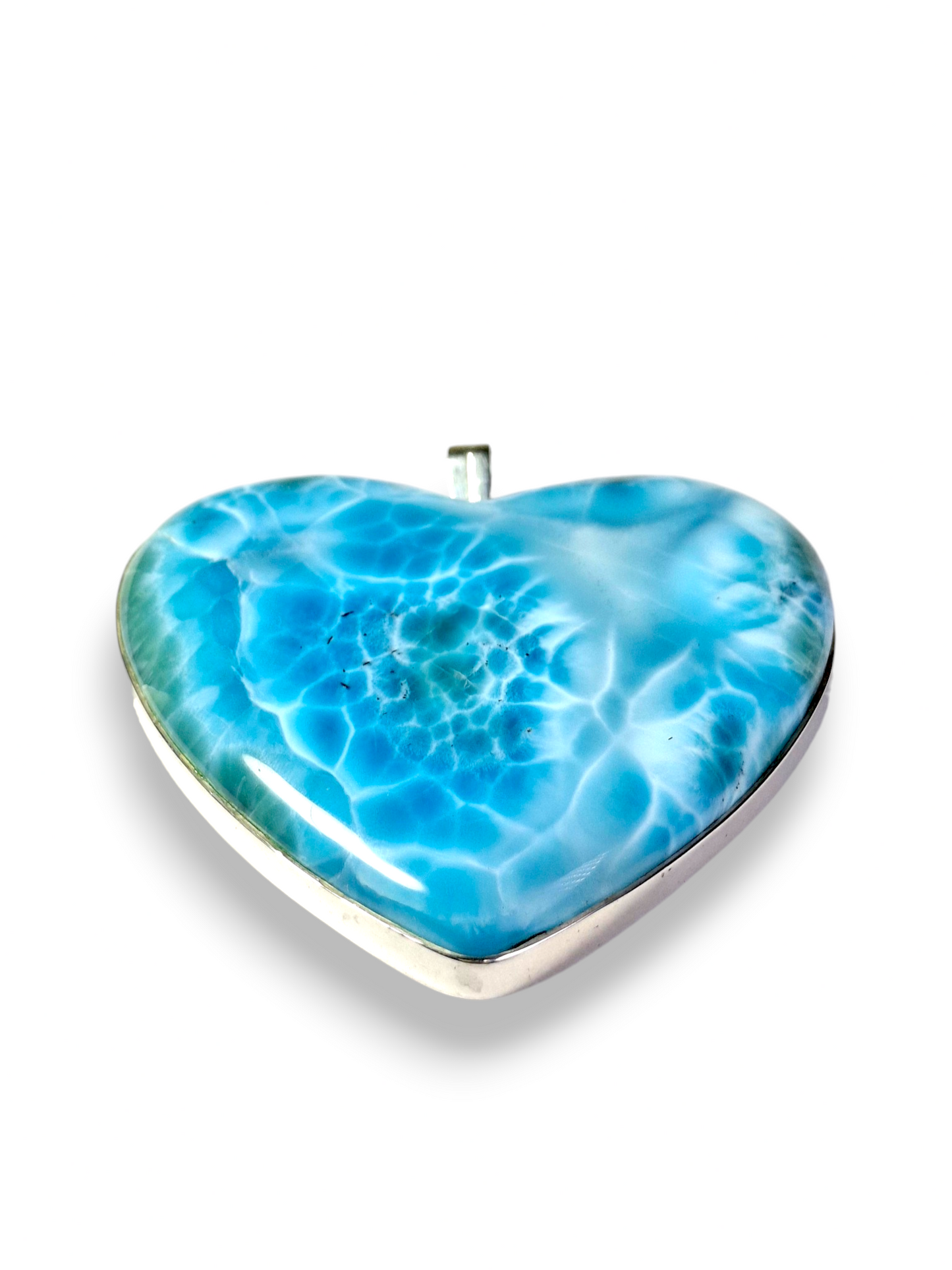 HUGE Heart Natural Larimar Pendant 925 Silver  Cabochon Dominican Blue Gemstone