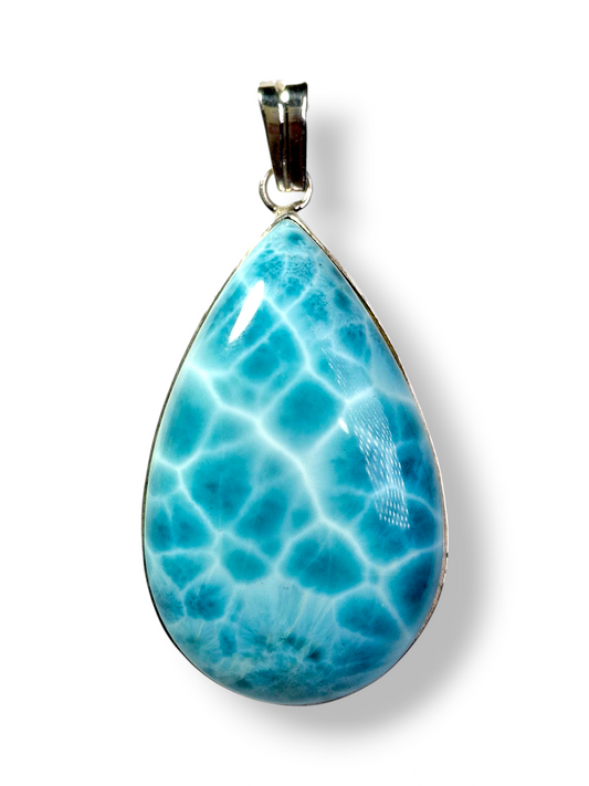 TOP Natural Larimar Pendant 925 Silver Large  Dominican Blue Gemstone