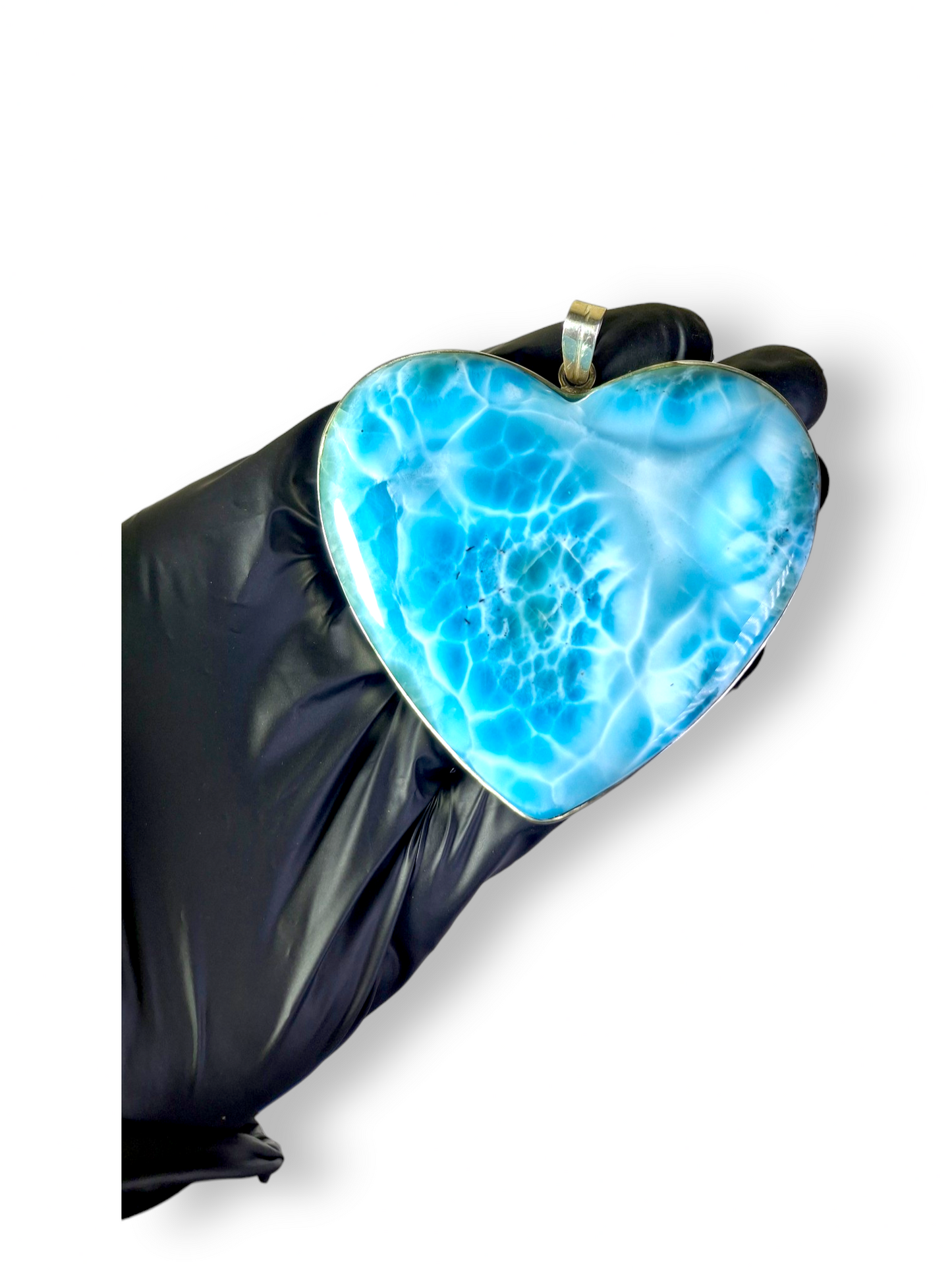 HUGE Heart Natural Larimar Pendant 925 Silver  Cabochon Dominican Blue Gemstone