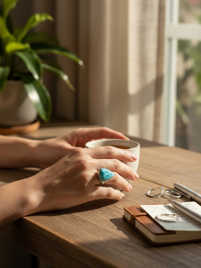 Larimar Ring 925 Silver Natural Dominican Republic Blue Stone Love Gift Jewelry
