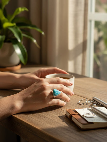 Larimar Ring 925 Silver Natural Dominican Republic Blue Stone Love Gift Jewelry