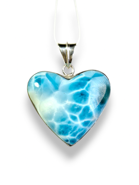 Pendentif Cœur Larimar Argent Sterling Pierre Précieuse Bleue Naturelle Dominicaine Fait Main