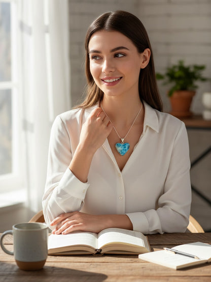 Pendentif Cœur Larimar Argent Sterling Pierre Précieuse Bleue Naturelle Dominicaine Fait Main
