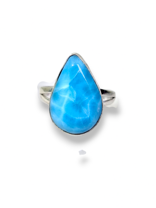 Larimar Teardrop Ring 925 SSilver Statement Dominican Blue Gemstone