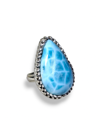 Larimar Teardrop Ring 925 SSilver Statement Dominican Blue Gemstone