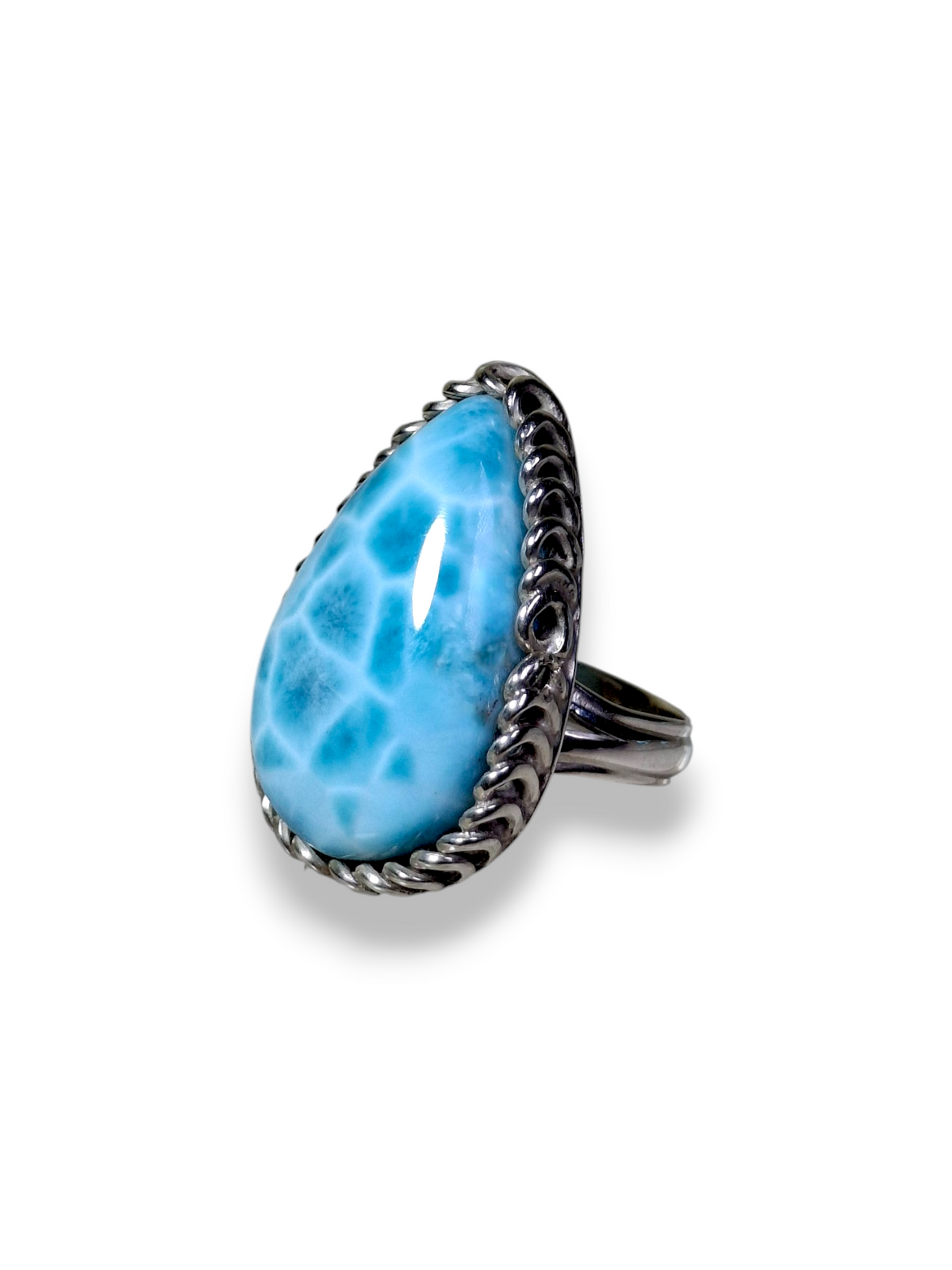 Larimar Teardrop Ring 925 SSilver Statement Dominican Blue Gemstone