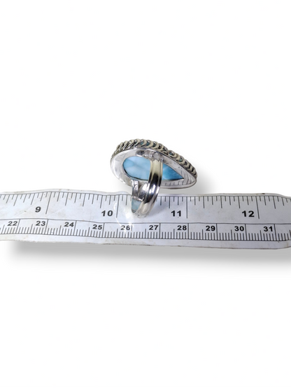 Larimar Teardrop Ring 925 SSilver Statement Dominican Blue Gemstone