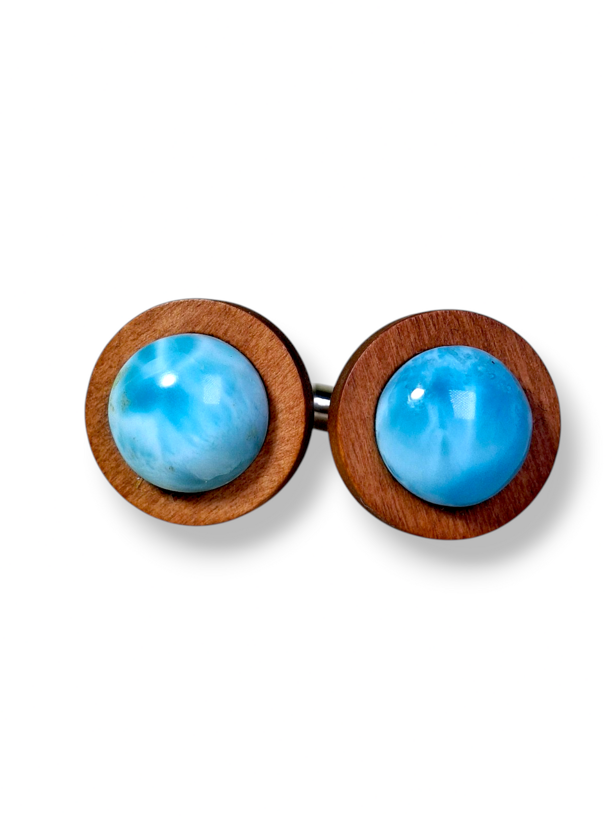 Natural Dominican Larimar & Wood Cufflinks Handmade Men's Wedding Gift