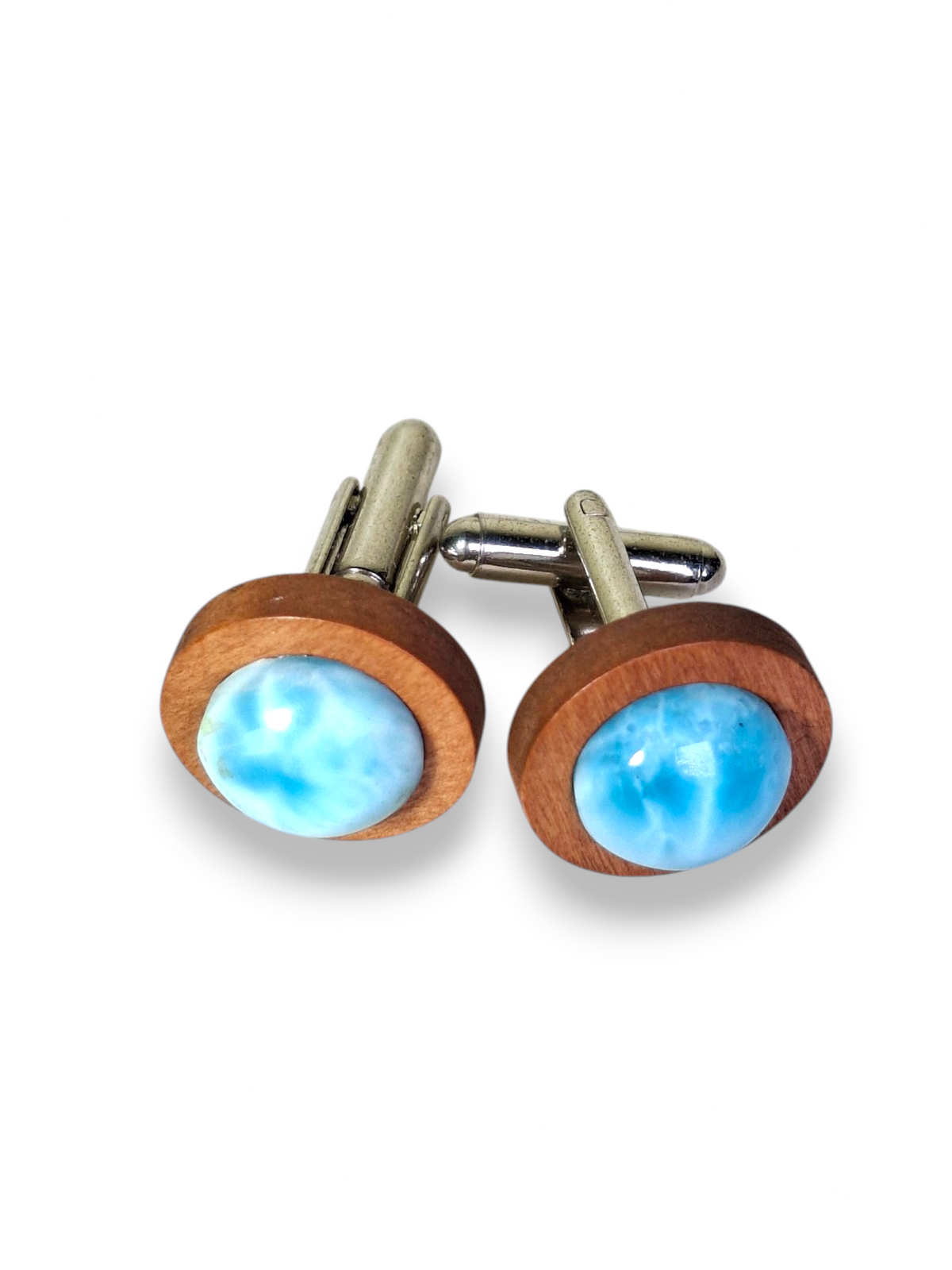 Natural Dominican Larimar & Wood Cufflinks Handmade Men's Wedding Gift