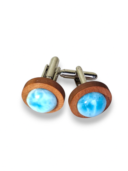 Natural Dominican Larimar & Wood Cufflinks Handmade Men's Wedding Gift