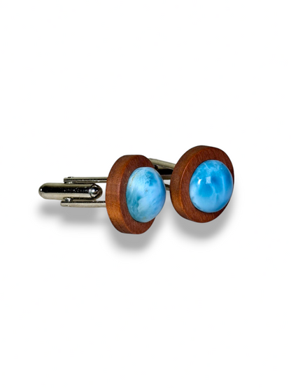 Natural Dominican Larimar & Wood Cufflinks Handmade Men's Wedding Gift