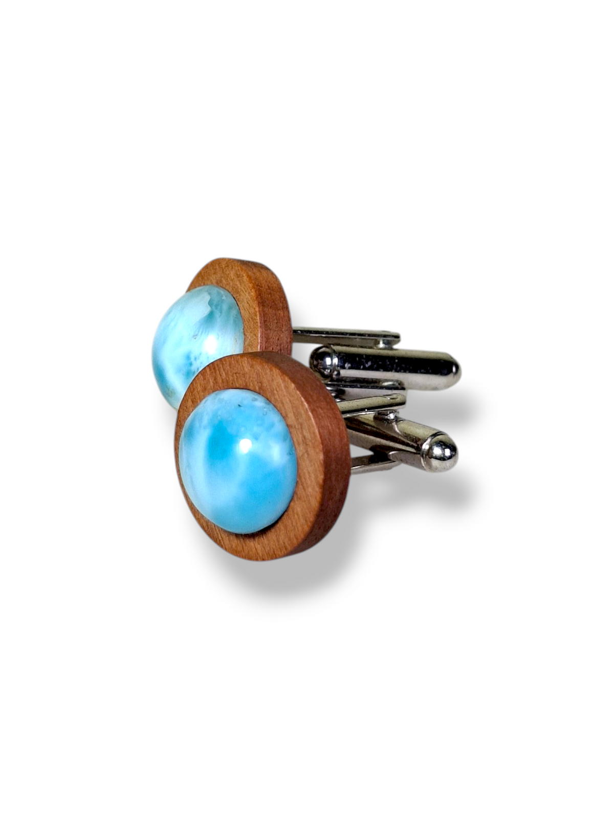 Natural Dominican Larimar & Wood Cufflinks Handmade Men's Wedding Gift