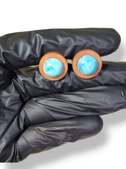 Natural Dominican Larimar & Wood Cufflinks Handmade Men's Wedding Gift