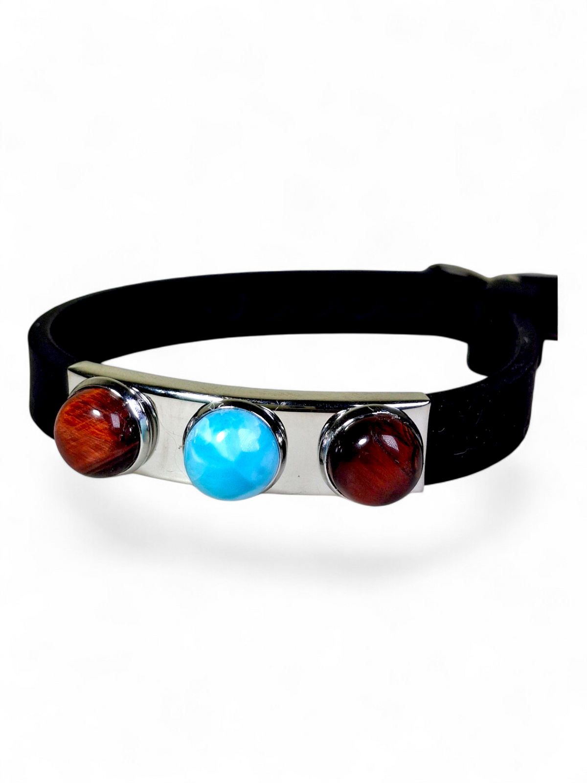 Larimar Bracelet Red Eye Tiger Stainless Steel Rubber Band Unisex Dominican