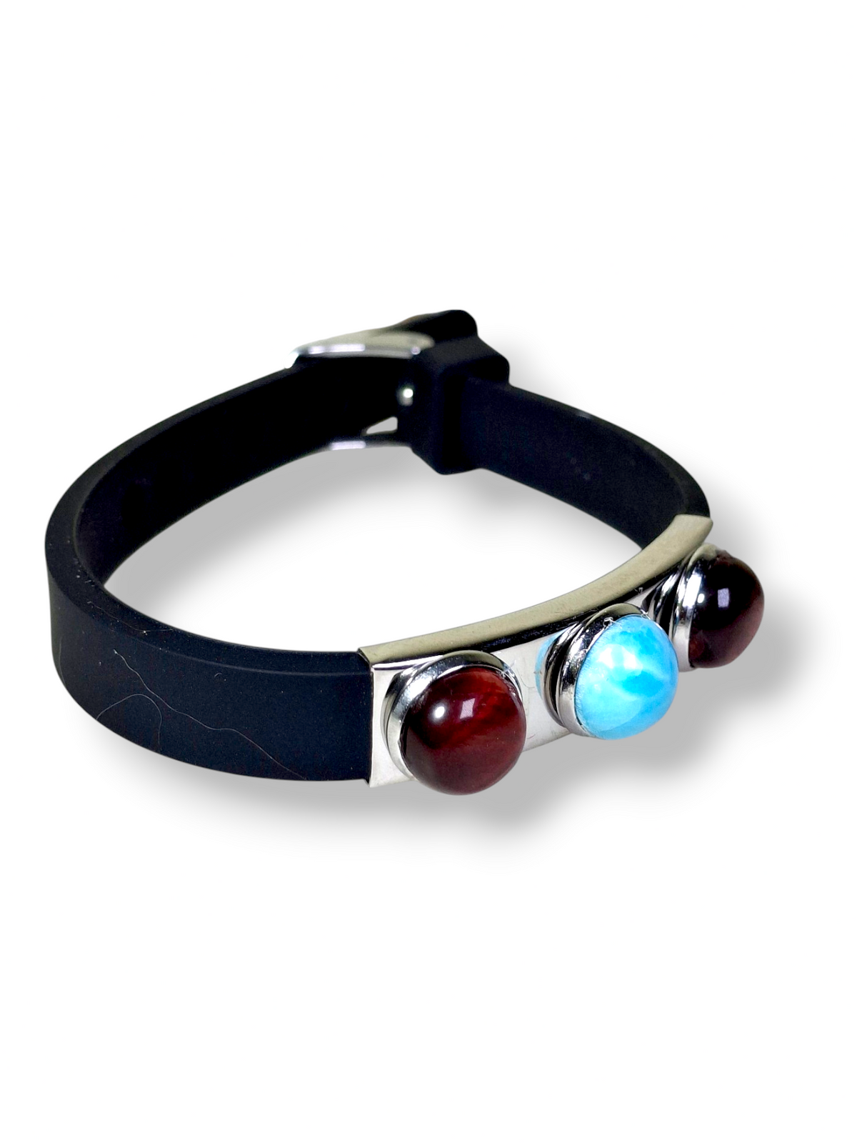 Larimar Bracelet Red Eye Tiger Stainless Steel Rubber Band Unisex Dominican