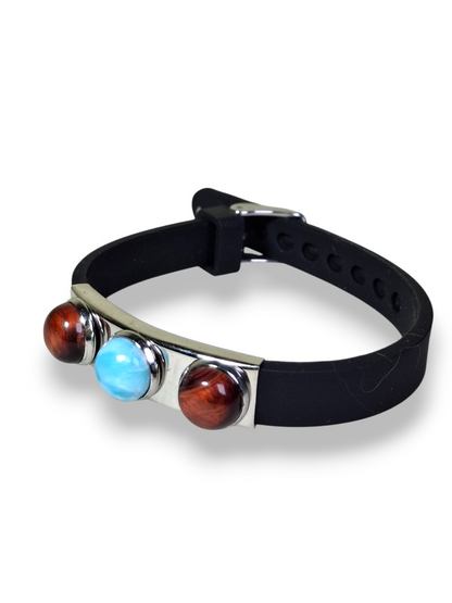 Larimar Bracelet Red Eye Tiger Stainless Steel Rubber Band Unisex Dominican
