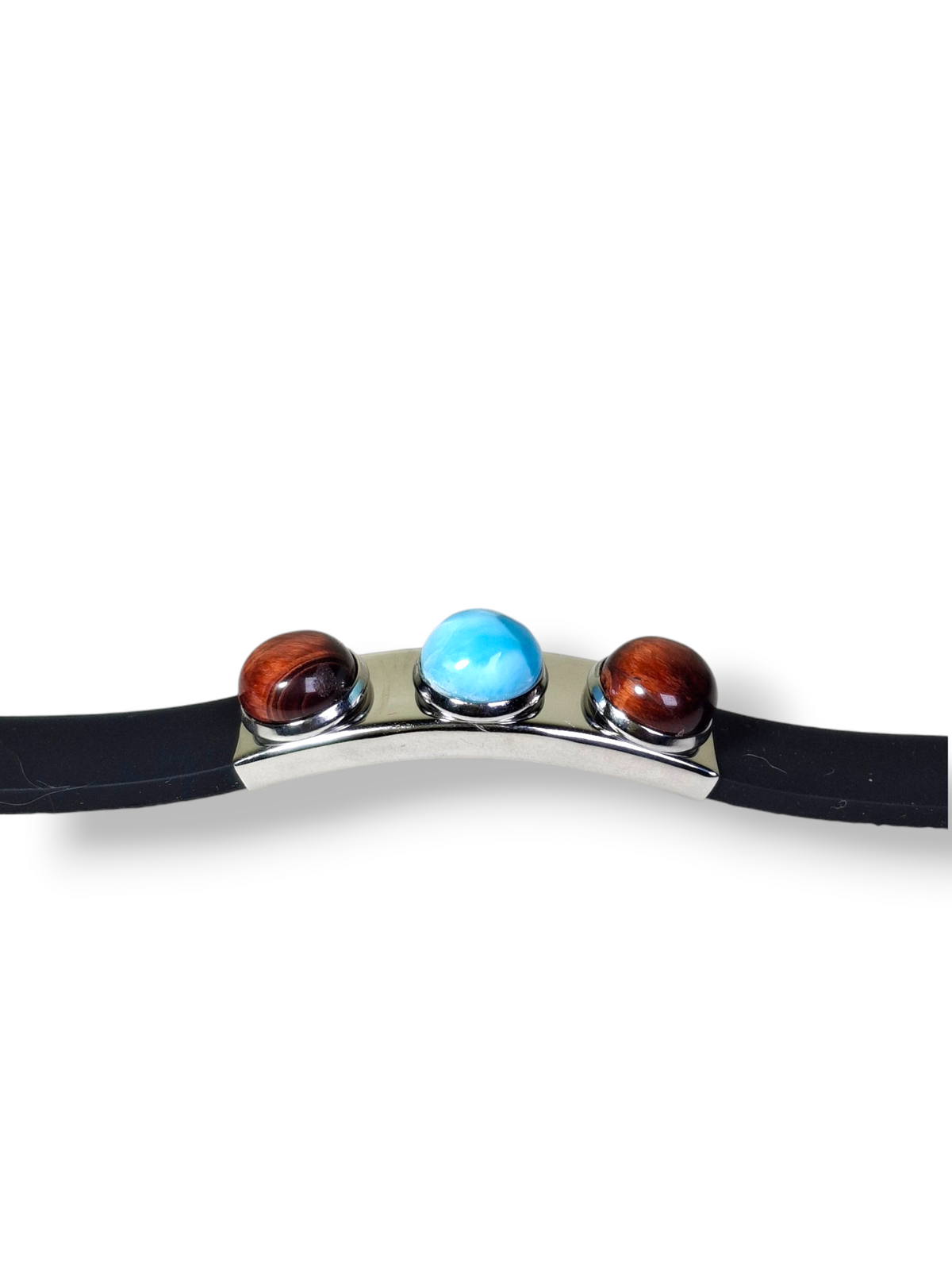 Larimar Bracelet Red Eye Tiger Stainless Steel Rubber Band Unisex Dominican