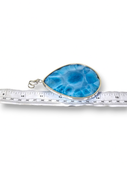 HUGE Natural Larimar Pendant 925 Silver  Dominican Deep Blue Gemstone