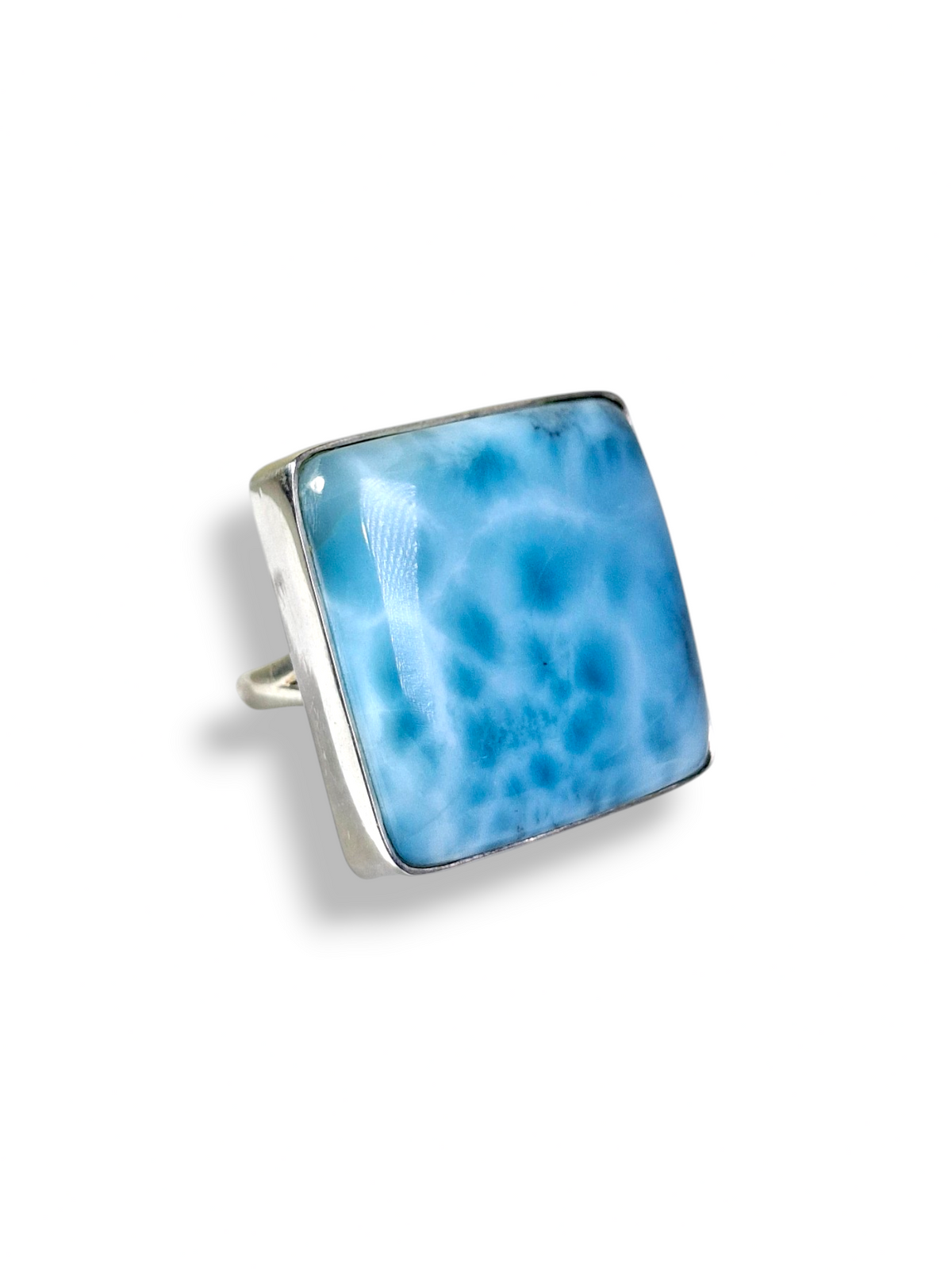 Larimar Big Square Ring 925 SSilver Statement Dominican Blue Gemstone
