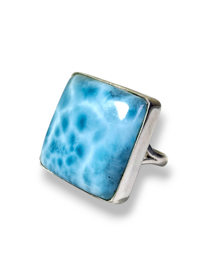 Larimar Big Square Ring 925 SSilver Statement Dominican Blue Gemstone