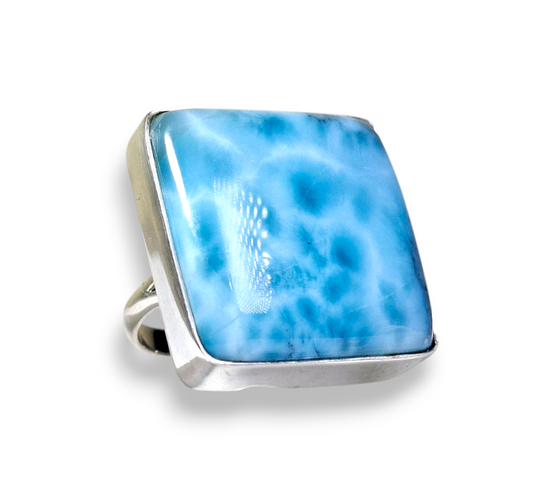 Larimar Big Square Ring 925 SSilver Statement Dominican Blue Gemstone