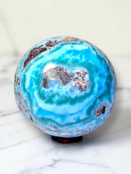 88 mm Larimar Polished Sphere Ball Dominican Blue Crystal Healing Display
