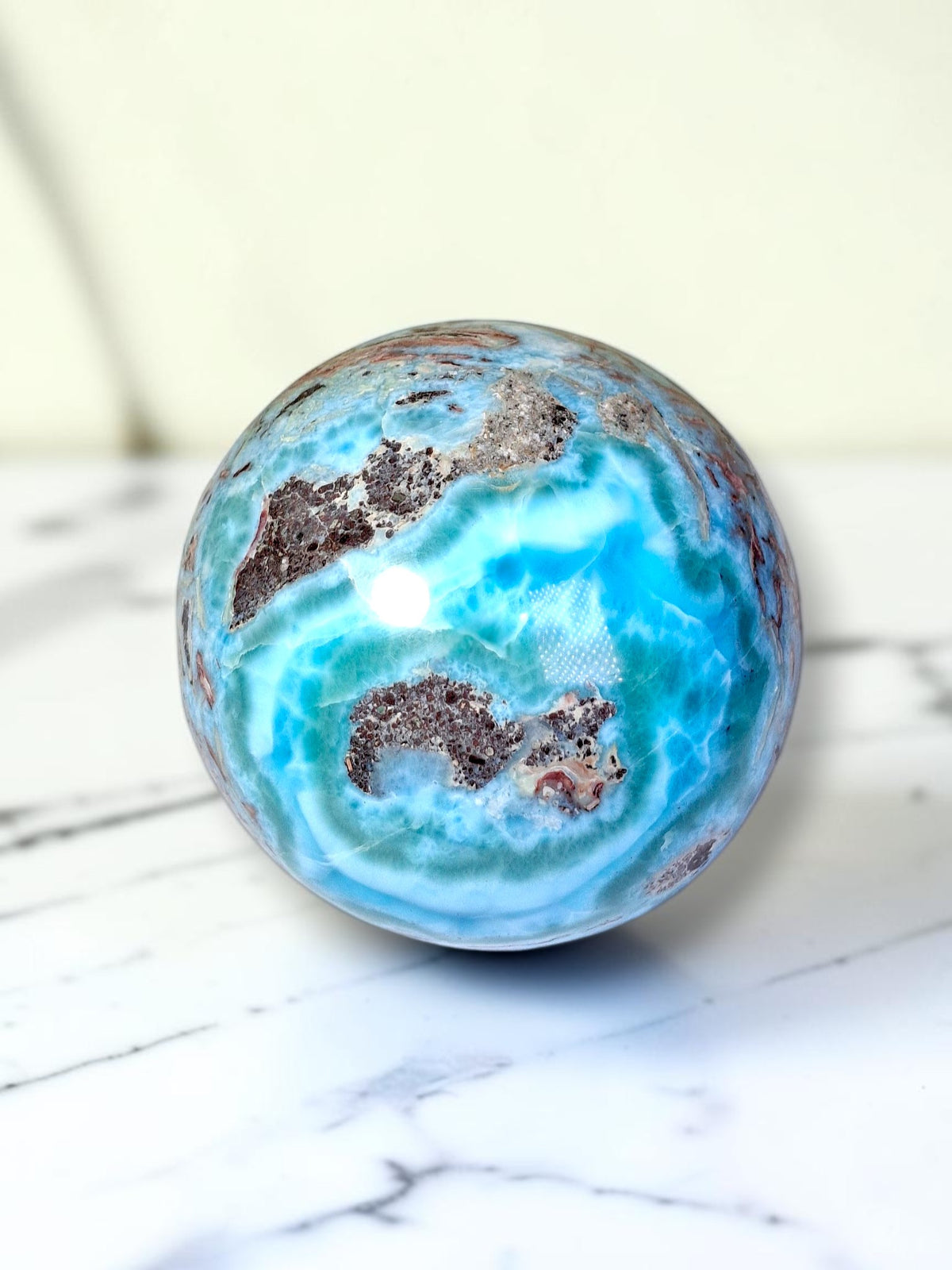88 mm Larimar Polished Sphere Ball Dominican Blue Crystal Healing Display