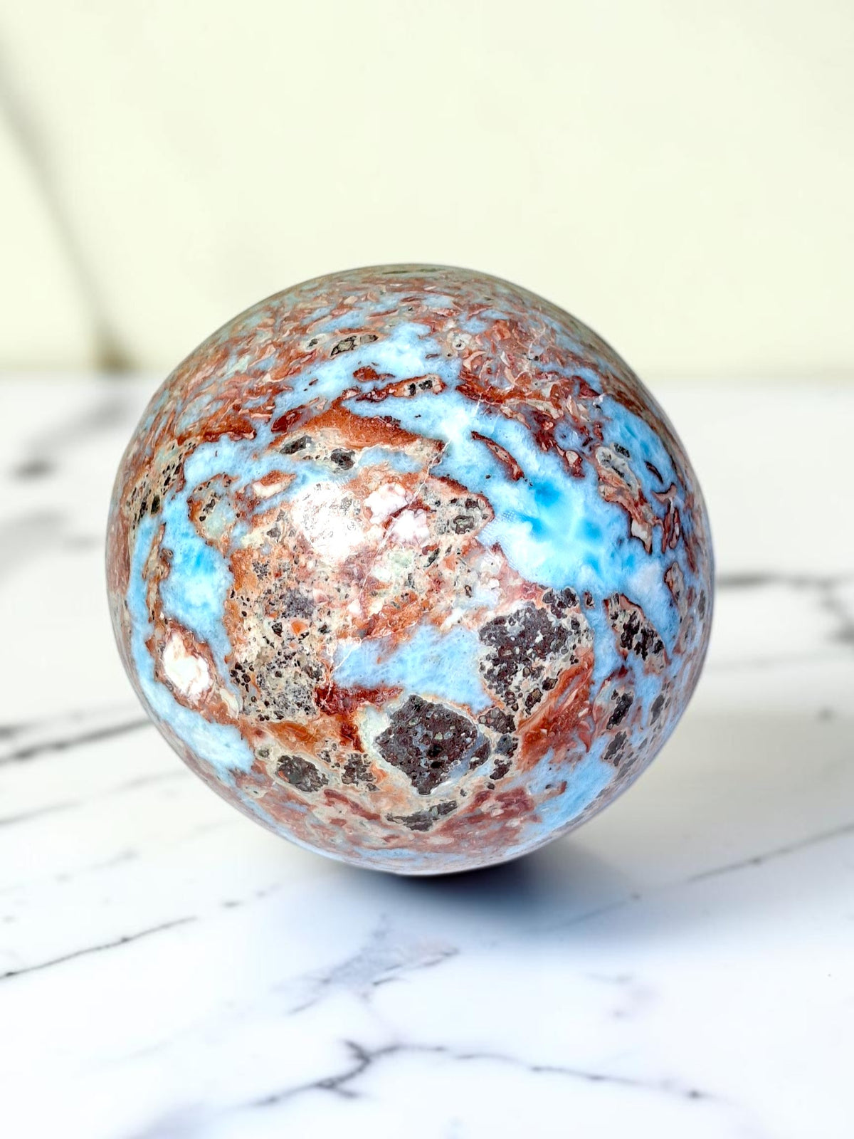88 mm Larimar Polished Sphere Ball Dominican Blue Crystal Healing Display