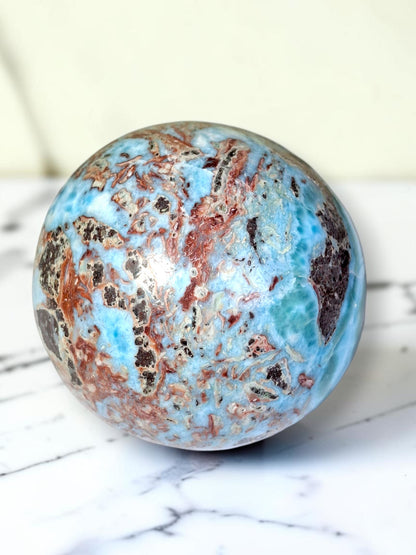 88 mm Larimar Polished Sphere Ball Dominican Blue Crystal Healing Display