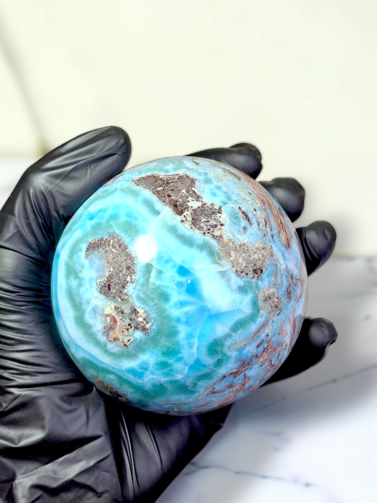 88 mm Larimar Polished Sphere Ball Dominican Blue Crystal Healing Display