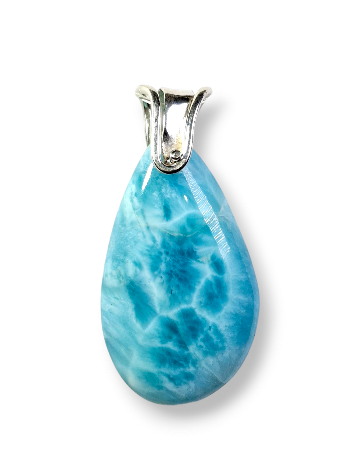 Large Double-Sided Natural Dominican Larimar Teardrop Pendant Sterling Silver Bail