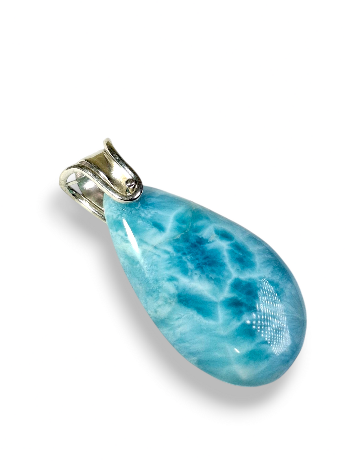 Large Double-Sided Natural Dominican Larimar Teardrop Pendant Sterling Silver Bail