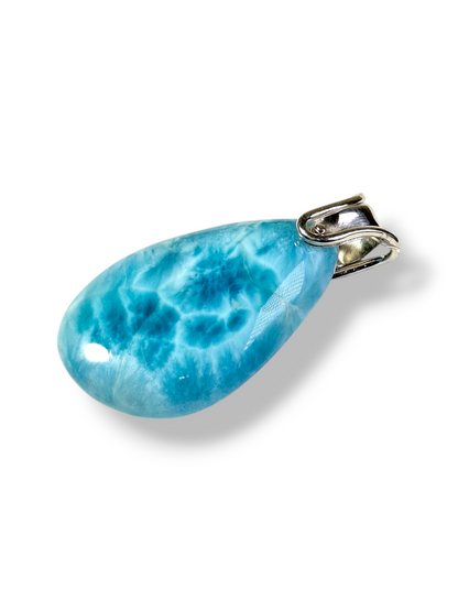 Large Double-Sided Natural Dominican Larimar Teardrop Pendant Sterling Silver Bail