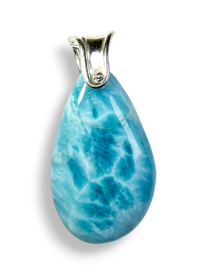 Large Double-Sided Natural Dominican Larimar Teardrop Pendant Sterling Silver Bail