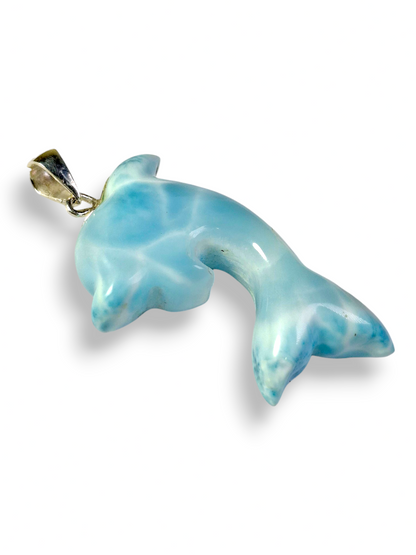 Natural Larimar Dolphin Pendant 925 Sterling Silver Hand Carved Dominican Blue Gemstone