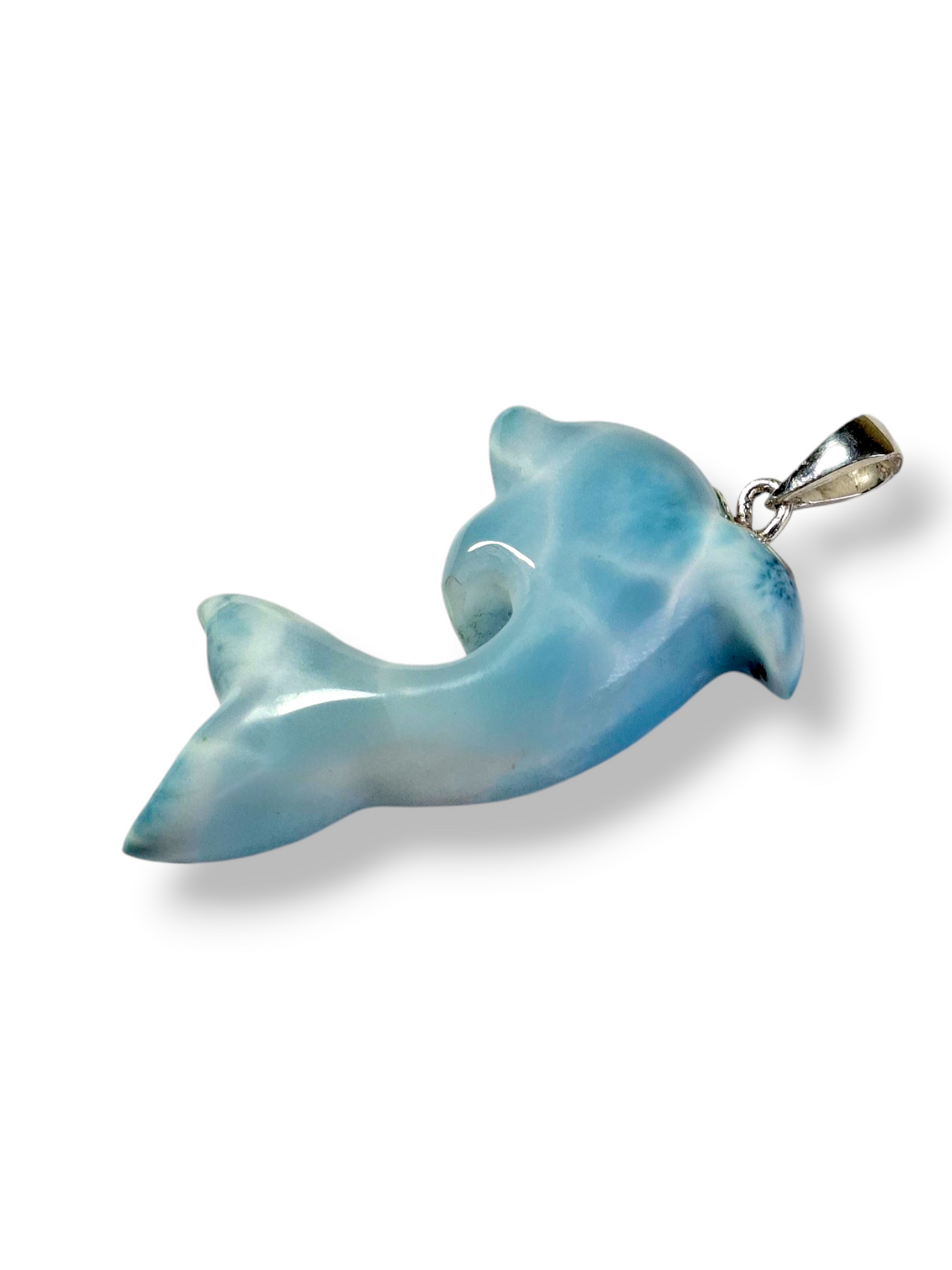 Natural Larimar Dolphin Pendant 925 Sterling Silver Hand Carved Dominican Blue Gemstone