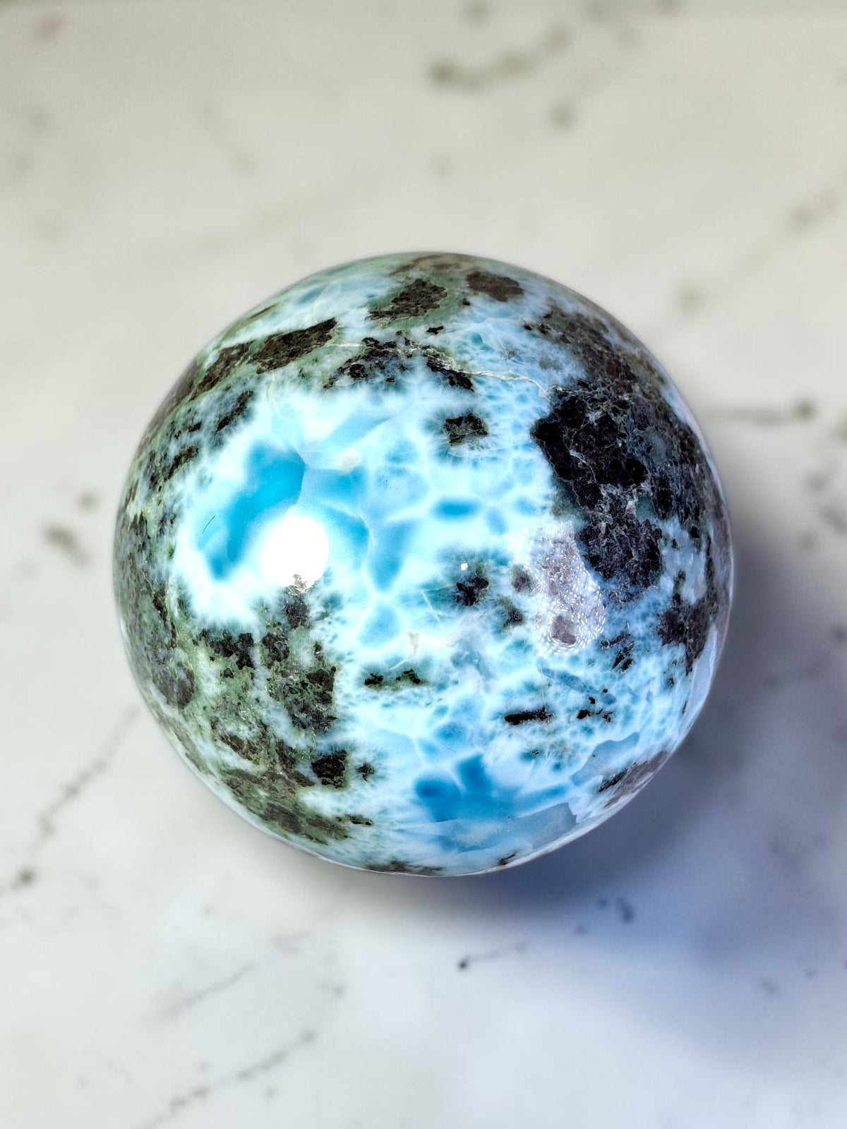89 mm Larimar Polished Sphere Ball Dominican Blue Crystal Healing Display