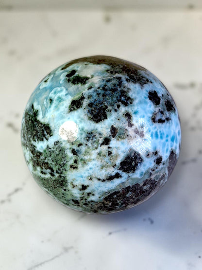 89 mm Larimar Polished Sphere Ball Dominican Blue Crystal Healing Display