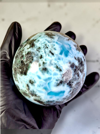 89 mm Larimar Polished Sphere Ball Dominican Blue Crystal Healing Display