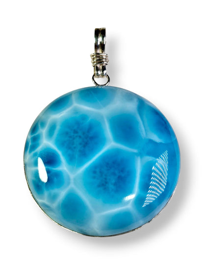 TOP Natural Larimar Pendant 925 Silver Big  Dominican Deep Blue Gemstone
