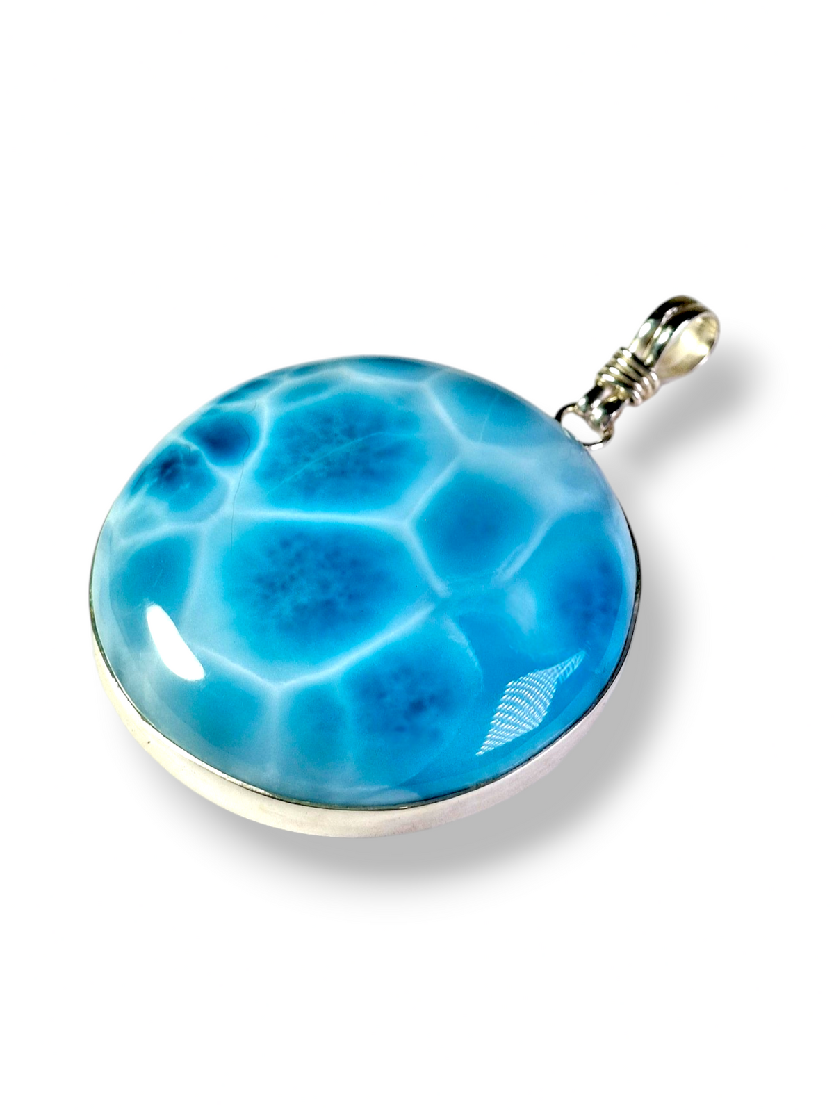 TOP Natural Larimar Pendant 925 Silver Big  Dominican Deep Blue Gemstone