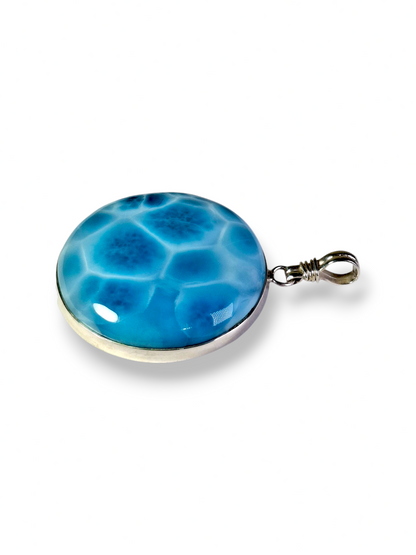 TOP Natural Larimar Pendant 925 Silver Big  Dominican Deep Blue Gemstone