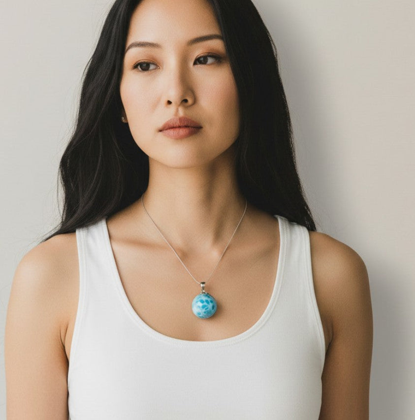 24mm Dominican Sphere Nice Blue Larimar Stone Pendant Handmade