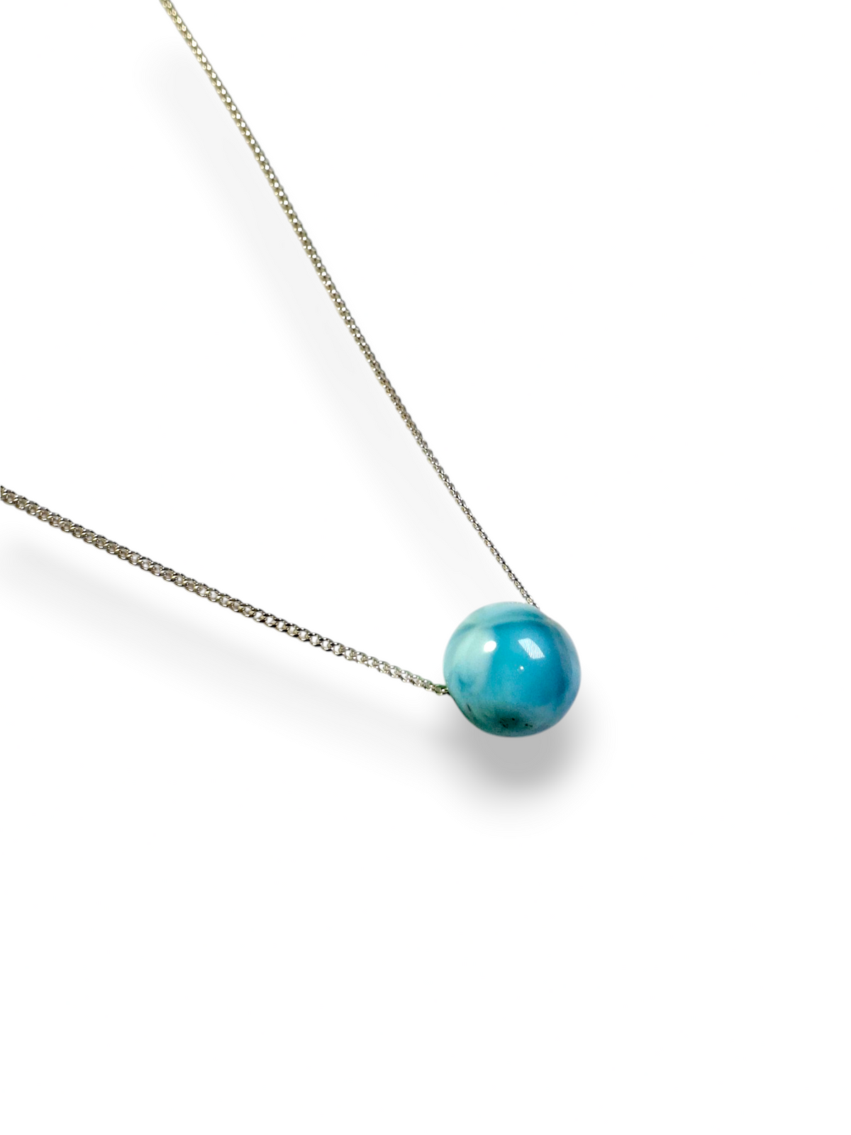 14 mm Dominican  Blue Larimar Stone Sphere Pendant / Chain  Set